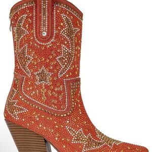 Azalea Wang Dazzling Orange Embellished Heeled Boots, new , 8.5